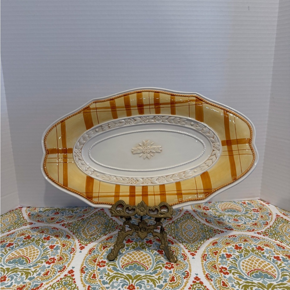 Fitz And Floyd Grand Haven Oval Platter. Yellow plaid with raised flowers